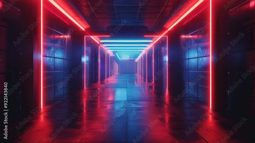 A futuristic, glowing hallway with red and blue neon lights. The reflective floor adds to the futuristic feel. A futuristic, glowing hallway with red and blue neon lights. The reflective floor adds to the futuristic feel.