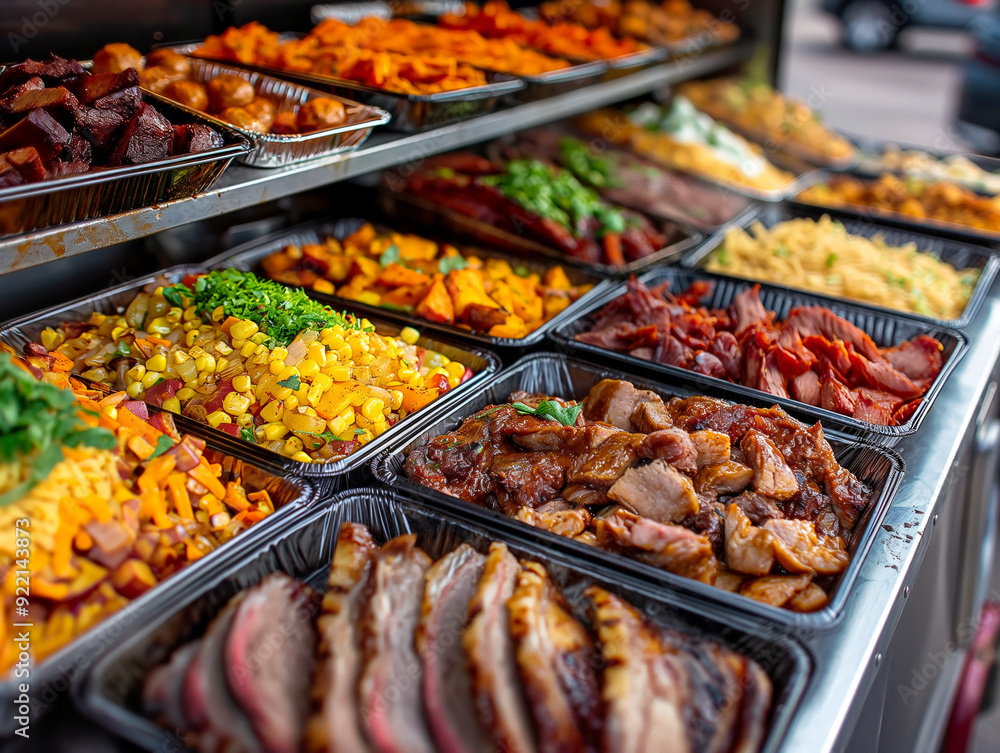 A buffet of food with many different types of meat and vegetables. The food is served in trays and is displayed on a counter