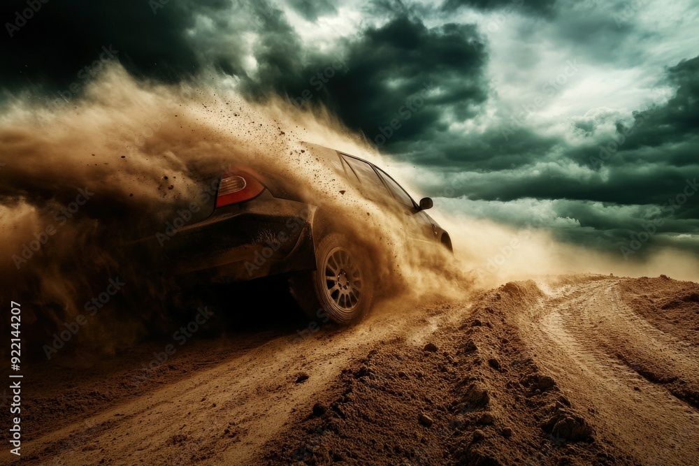 Dust Rally Road A rally car barrels down a dirt road under a dramatic stormy sky, with ...