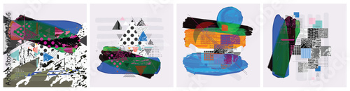 Different textures and shapes artistic vector illustration collage set. Geometric abstract design, creative background for banner, brochure, card, invitation, flyer, placard, poster, report, artwork	