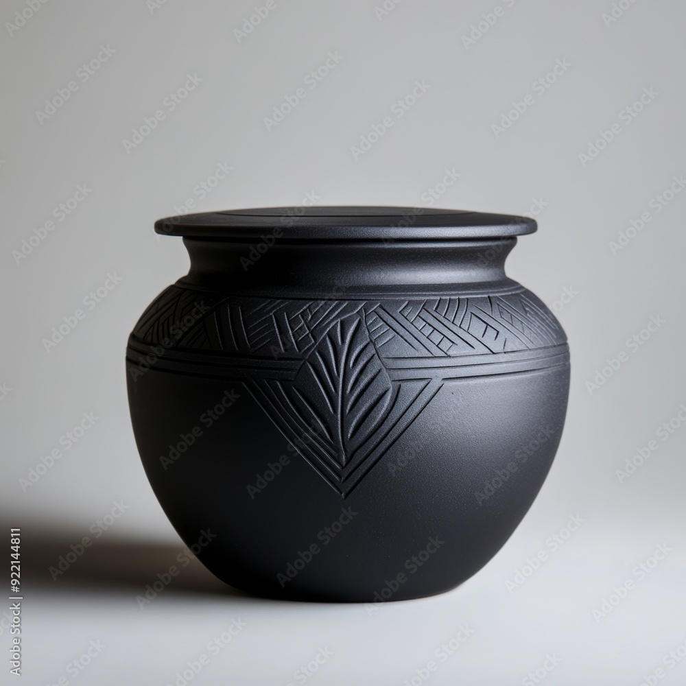 Handcrafted Black Stoneware Pot with Lid, Simple Pattern Decoration, Front View, Studio Lighting Handcrafted Black Stoneware Pot with Lid, Simple Pattern Decoration, Front View, Studio Lighting