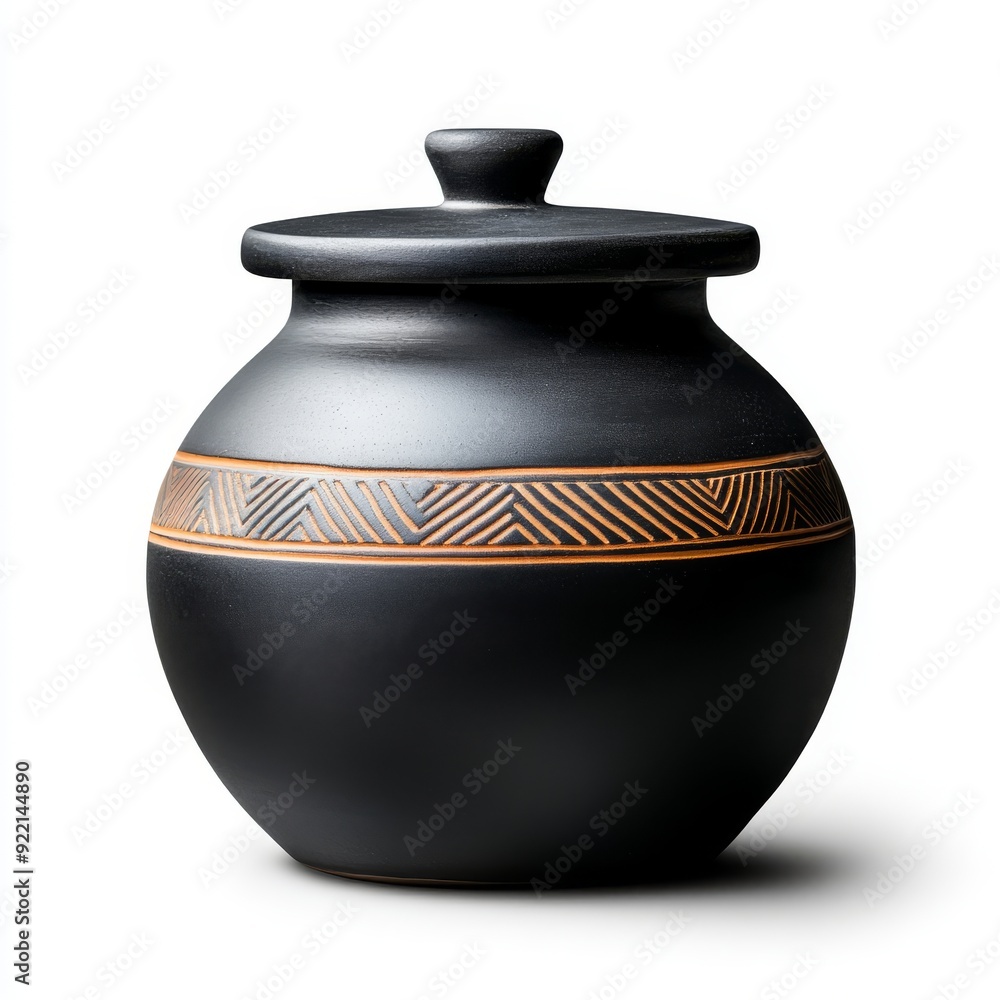 Handcrafted Black Stoneware Pot with Lid, Simple Pattern Decoration, Front View, Studio Lighting Handcrafted Black Stoneware Pot with Lid, Simple Pattern Decoration, Front View, Studio Lighting