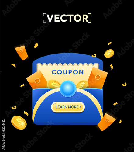 3d coupons in blue with coupon code, golden coins, in an envelope with confetti effect, isolated on dark background. Discount vouchers for black Friday banner template. 3d vector. Vector illustration