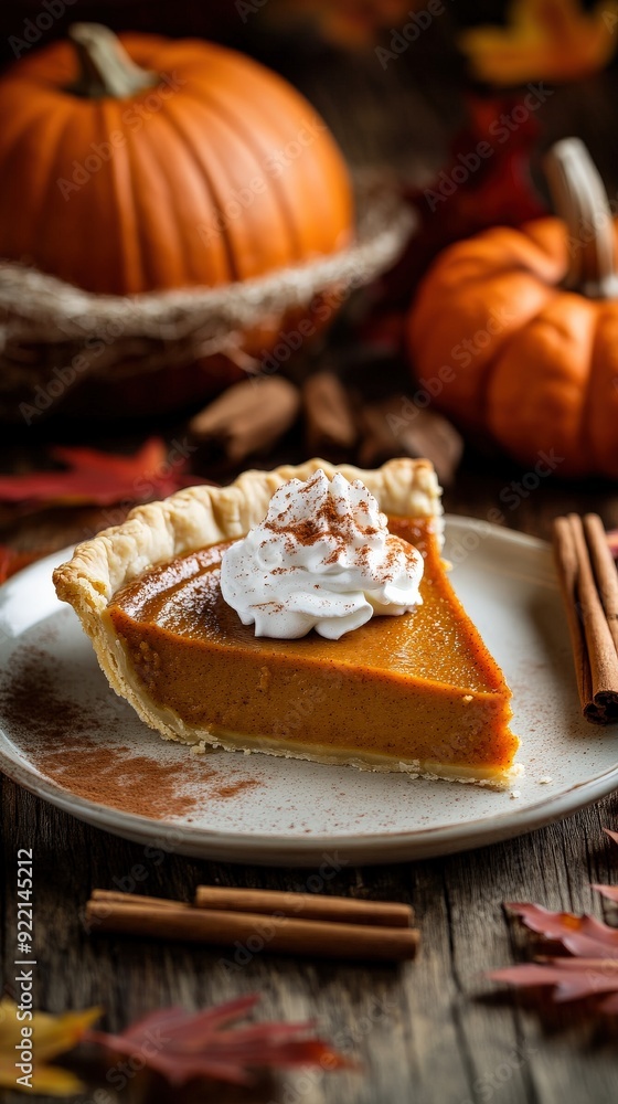 A freshly baked pumpkin pie slice, garnished with whipped cream and spices, sits on a rustic plate alongside festive autumn decorations A freshly baked pumpkin pie slice, garnished with whipped cream and spices, sits on a rustic plate alongside festive autumn decorations