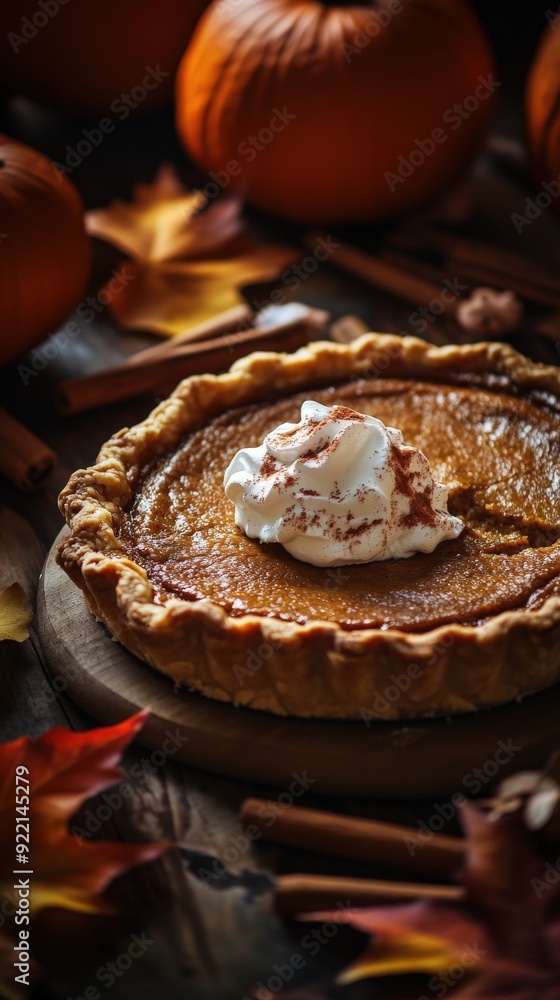 A delicious pumpkin pie topped with whipped cream sits on a wooden surface, accompanied by autumn leaves and pumpkins, evoking the spirit of Thanksgiving A delicious pumpkin pie topped with whipped cream sits on a wooden surface, accompanied by autumn leaves and pumpkins, evoking the spirit of Thanksgiving