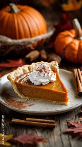 A freshly baked pumpkin pie slice, garnished with whipped cream and spices, sits on a rustic plate alongside festive autumn decorations
