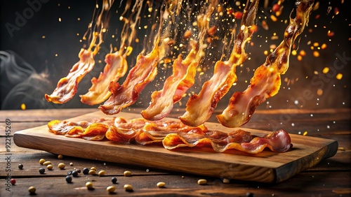 Golden droplets of fat melt away from a sizzling strip of crispy bacon, releasing a savory aroma into the air on a rustic wooden cutting board. photo