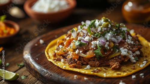 Mexican food dish on wooden table, A sope is a traditional Mexican dish consisting of a fried masa base with savory toppings photo