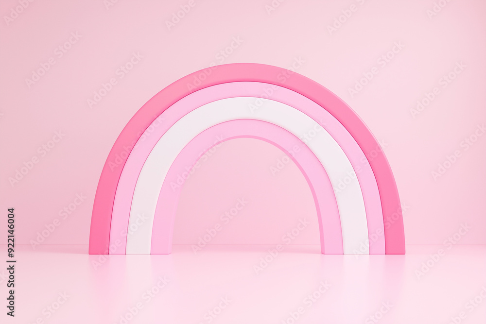 Obraz premium Peoduct Display, Minimalist pink and white rainbow arch on light pink background, creating a soft and elegant design, ideal for children's room decor or minimalist creative projects.