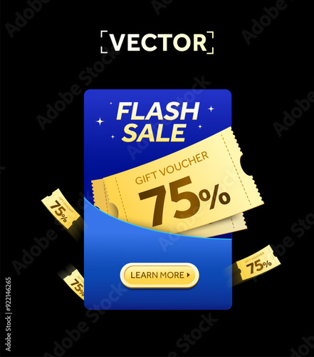 3d flash sale coupon with coupon code, percentage off inside an envelope, isolated on dark background. Gift voucher banner template for sale off promotion. 3d vector illustration. Vector illustration
