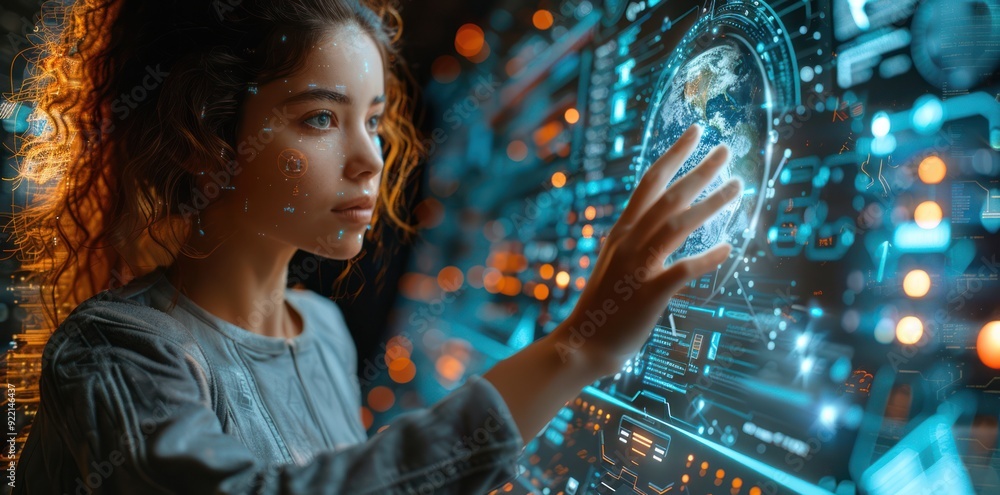 Woman Interacting with a Holographic Earth Woman Interacting with a Holographic Earth