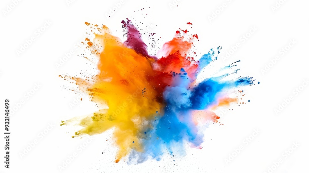 Fototapeta premium An explosion of rainbow hued colored paint powder isolated on a white background.