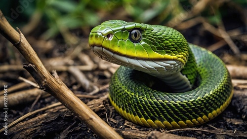 A vivid green snake is coiled elegantly