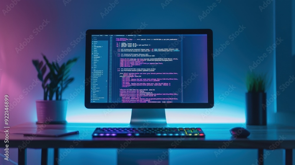 A modern workspace featuring a computer screen with code, illuminated by vibrant colors and a stylish keyboard. A modern workspace featuring a computer screen with code, illuminated by vibrant colors and a stylish keyboard.