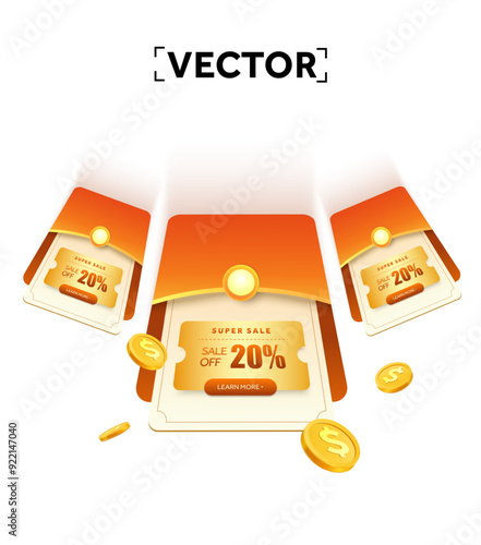 3d flying orange coupons with coupon code and percentage off inside an envelope, golden coins, isolated on white background. Special discount event with giveaway voucher banner template. 3d vector
