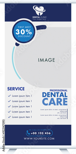 Dentistry posters set with Flat Icons on Blue and White Background. Vector illustration. Dental Concept Frame. Healthy Clean Teeth. Dentist Tools and Equipment, business card template