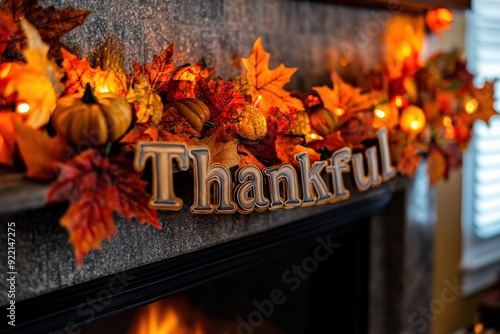 A cheerful garland featuring colorful autumn leaves and pumpkins hangs on a fireplace mantel, celebrating the spirit of Thanksgiving with warm lighting