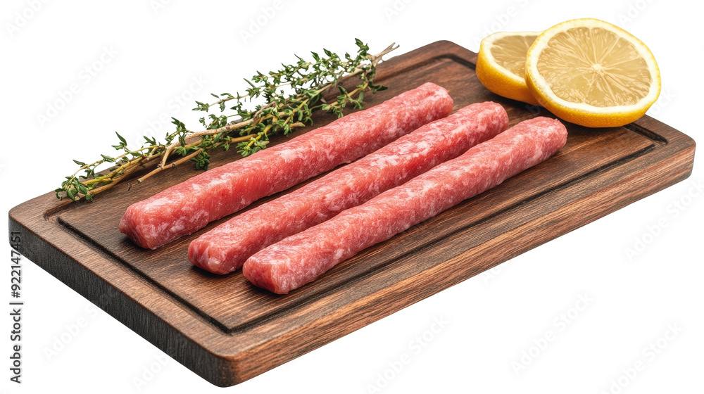 Raw sausages on a wooden cutting board with sprigs of thyme and lemon slices, ready for cooking. Raw sausages on a wooden cutting board with sprigs of thyme and lemon slices, ready for cooking.