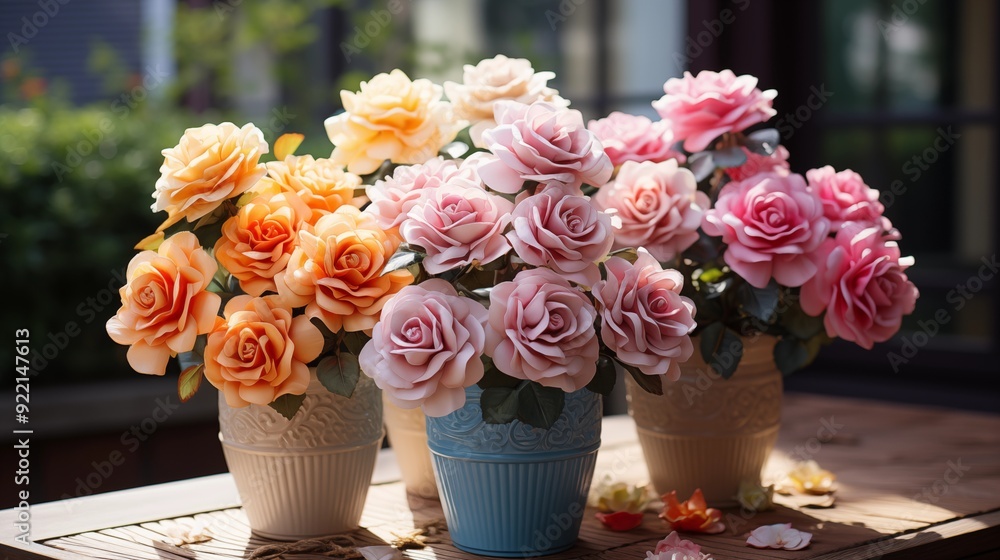 Fototapeta premium Three stunning arrangements of roses and vibrant flowers in containers near the window with a vintage touch.
