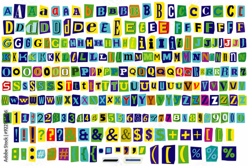 Bright color Cut out ransom vector letters alphabet Blackmail Ransom Kidnapper Anonymous Note Font. Latin Letters, Numbers and punctuation symbols. Criminal ransom letters collection. Compose your own