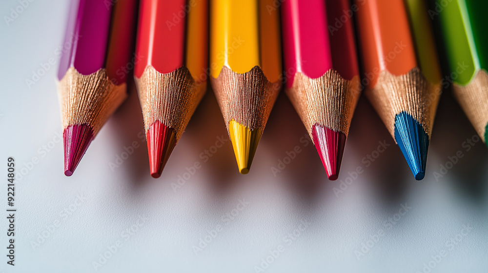 Close-up of sharpened colorful pencils arranged in a row, showcasing vibrant hues and detailed textures, perfect for educational or creative design projects. Close-up of sharpened colorful pencils arranged in a row, showcasing vibrant hues and detailed textures, perfect for educational or creative design projects.
