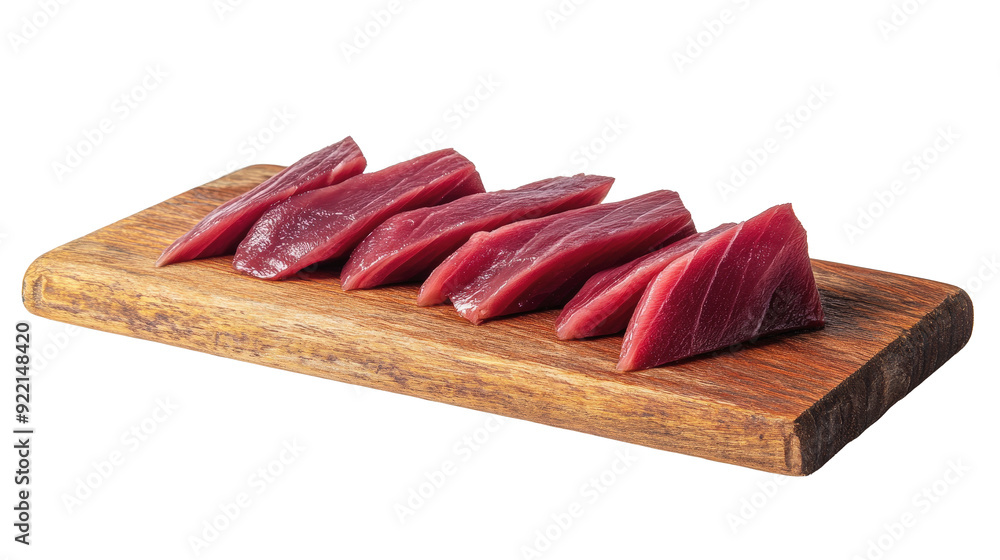 Slices of fresh raw tuna arranged neatly on a wooden cutting board, ready for preparation or serving. Slices of fresh raw tuna arranged neatly on a wooden cutting board, ready for preparation or serving.