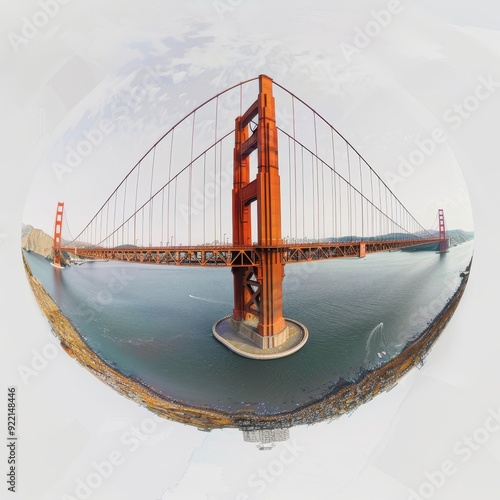 Majestic 360-Degree Panoramic View of Golden Gate Bridge and San Francisco Cityscape in Karl Taylor's 32k Super-Resolution Style on White Background