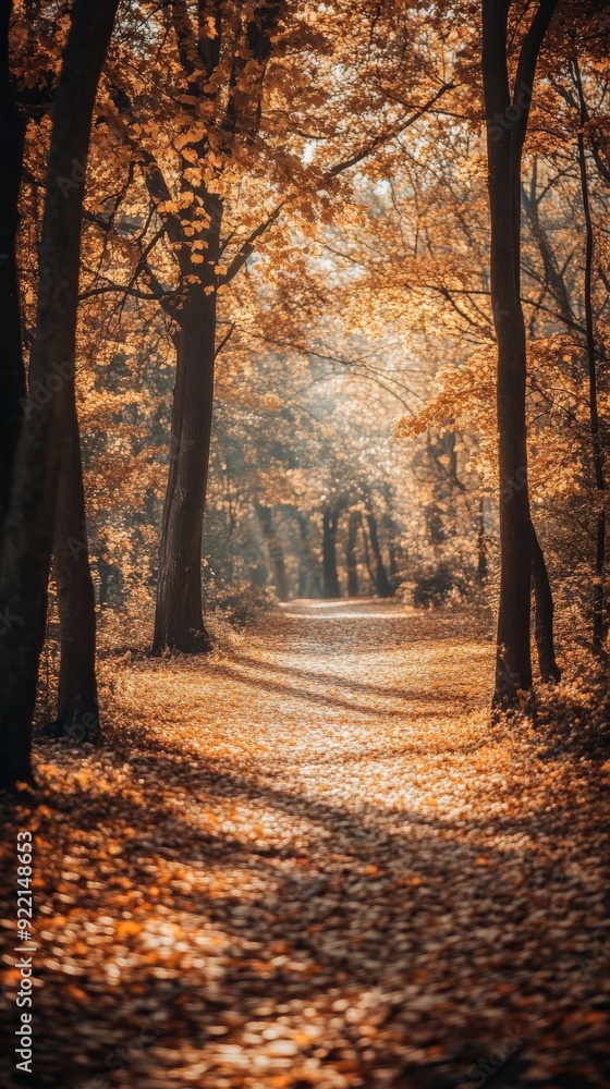 Fototapeta premium A peaceful autumn forest path is covered in golden leaves, inviting a serene Thanksgiving Day stroll amid nature's beauty