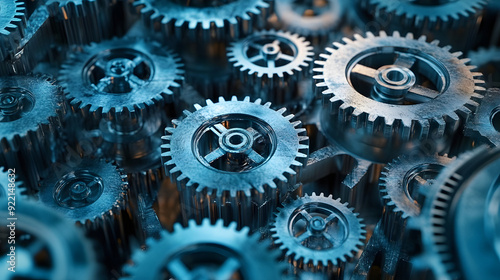 Wallpaper Mural Close-up of interlocked blue metal gears representing teamwork and machinery. Torontodigital.ca