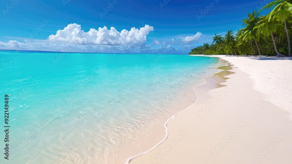Obraz premium A pristine tropical beach with powdery white sand and crystal-clear turquoise waters, framed by lush palm trees under a bright blue sky, epitomizing paradise and tranquility