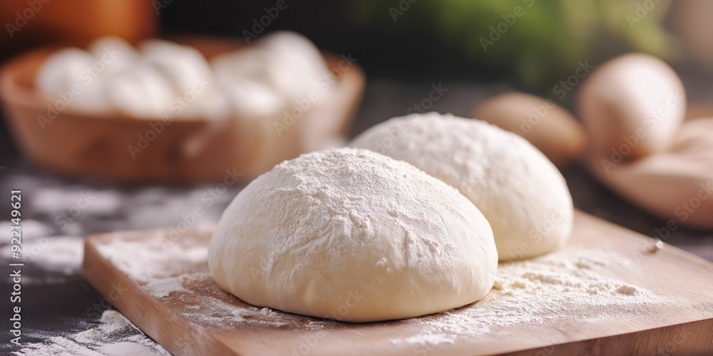 Two dough balls are sitting on a wooden cutting board. The dough is covered in flour and he is ready for baking Two dough balls are sitting on a wooden cutting board. The dough is covered in flour and he is ready for baking