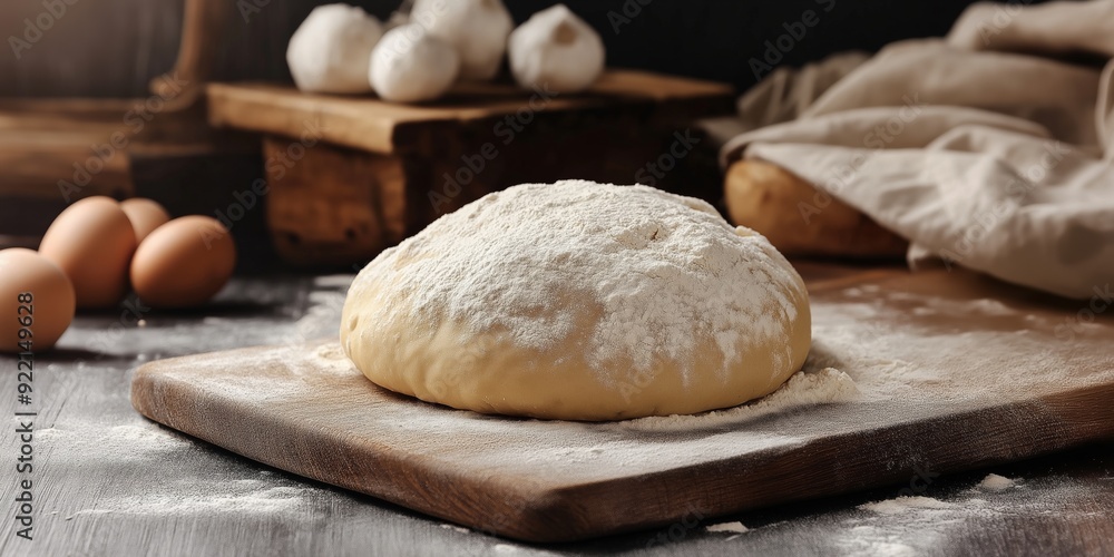 A dough is sitting on a wooden cutting board with a pile of powdered sugar on top. The dough is ready to be baked and the sugar is used to add a sweet touch to the finished product A dough is sitting on a wooden cutting board with a pile of powdered sugar on top. The dough is ready to be baked and the sugar is used to add a sweet touch to the finished product