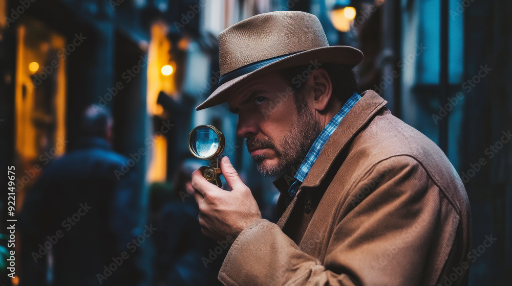 A man in a trench coat and hat examines a street alley closely with a magnifying glass, capturing a detective-like scene. A man in a trench coat and hat examines a street alley closely with a magnifying glass, capturing a detective-like scene.