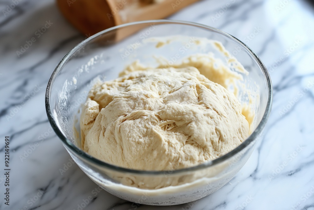 A bowl of dough sits on a marble countertop. The dough is in the process of being kneaded and is quite sticky A bowl of dough sits on a marble countertop. The dough is in the process of being kneaded and is quite sticky