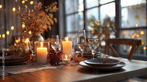 Cozy dining room, Wooden dinning table decor with white candles, beautiful brown plates, pinecones, and an orange leaves in warm color tone.