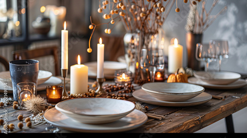 Cozy dining room, Wooden dinning table decor with white candles, beautiful white plates, pinecones, and an orange leaves in warm color tone.