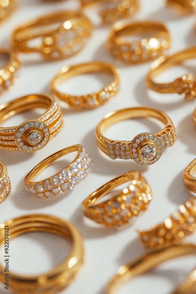 A collection of gold and diamond rings are displayed on a white background. The rings vary in size and design, with some featuring intricate patterns and others with simple, elegant shapes A collection of gold and diamond rings are displayed on a white background. The rings vary in size and design, with some featuring intricate patterns and others with simple, elegant shapes