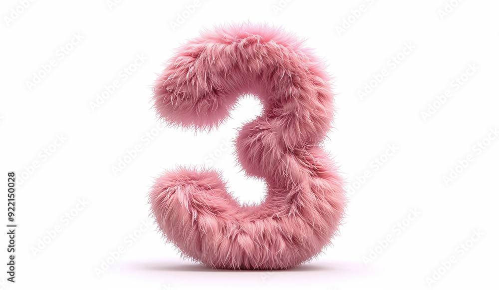 Chiffre trois en fourrure rose douce et texturée sur fond blanc, Chiffre trois en fourrure rose douce et texturée sur fond blanc,