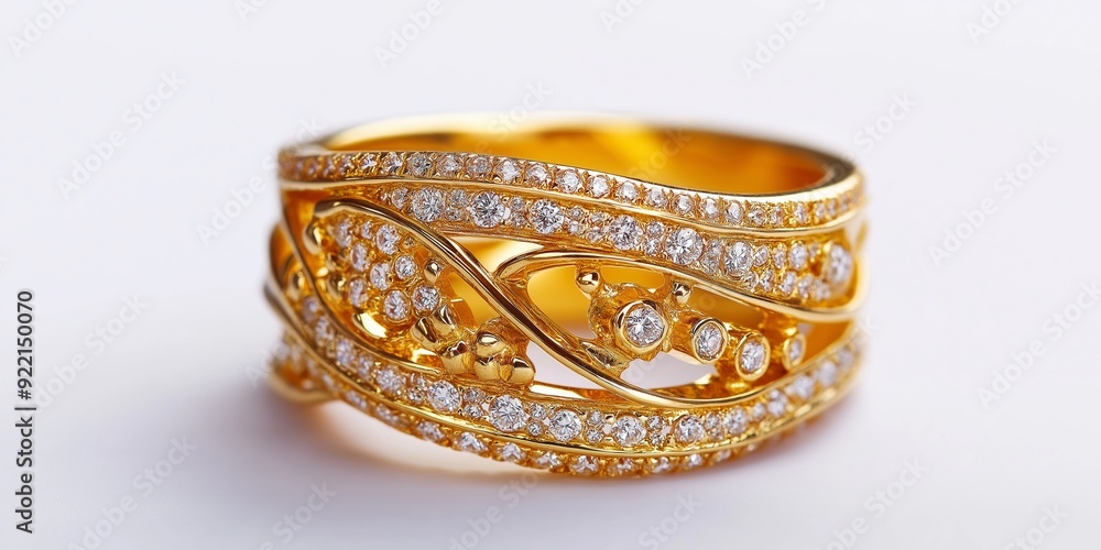 A gold and diamond ring with a wavy design. The ring is set in gold and has a lot of diamonds A gold and diamond ring with a wavy design. The ring is set in gold and has a lot of diamonds