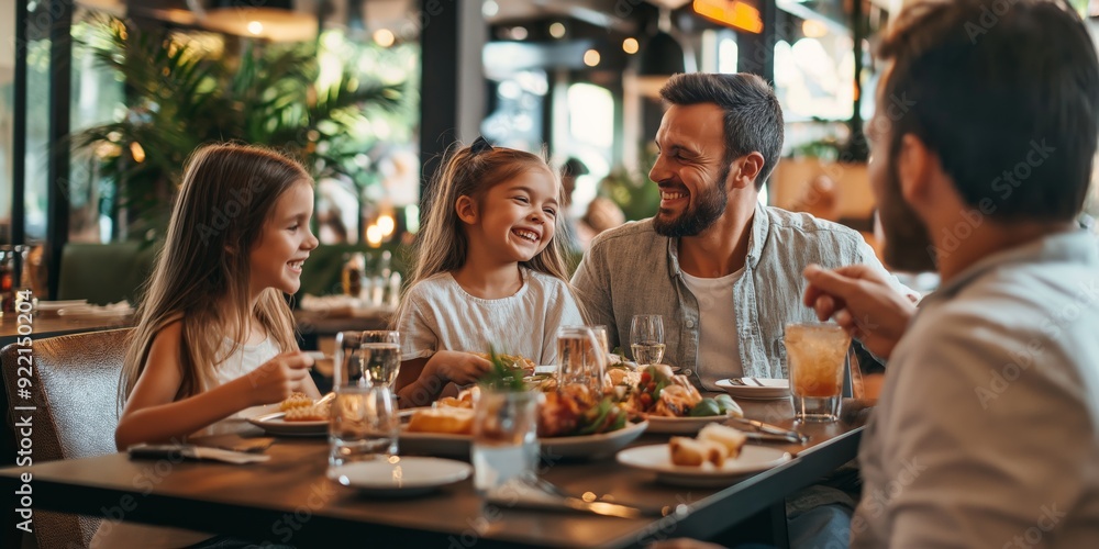 A family of four is enjoying a meal together at a restaurant. The children are smiling and laughing while the adults look on. The table is set with plates of food, glasses, and utensils A family of four is enjoying a meal together at a restaurant. The children are smiling and laughing while the adults look on. The table is set with plates of food, glasses, and utensils