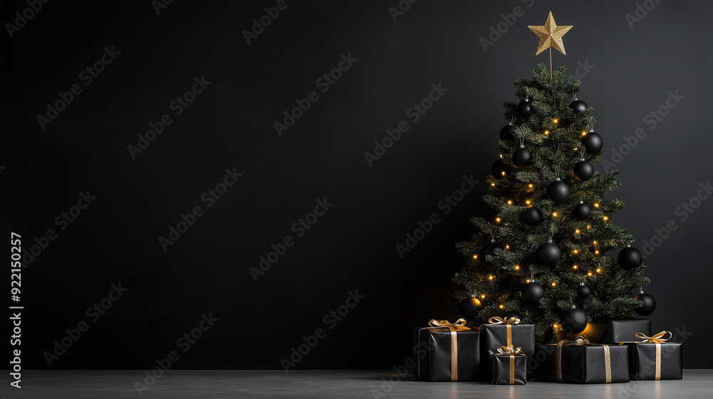 © iamfrk7 - Elegant black and gold Christmas tree with matching ornaments and wrapped gifts, creating a luxurious and sophisticated holiday setting on a dark background. © iamfrk7 - Elegant black and gold Christmas tree with matching ornaments and wrapped gifts, creating a luxurious and sophisticated holiday setting on a dark background.