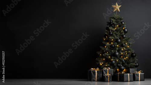 Elegant black and gold Christmas tree with matching ornaments and wrapped gifts, creating a luxurious and sophisticated holiday setting on a dark background.