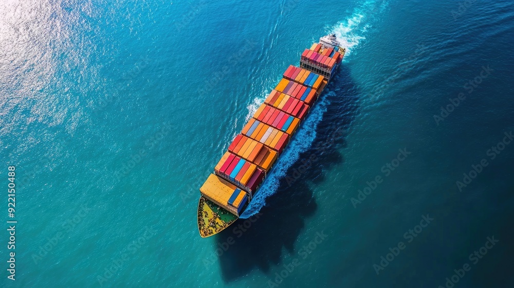 Aerial view of a container ship navigating through clear blue waters with colorful cargo, logistics concept Aerial view of a container ship navigating through clear blue waters with colorful cargo, logistics concept