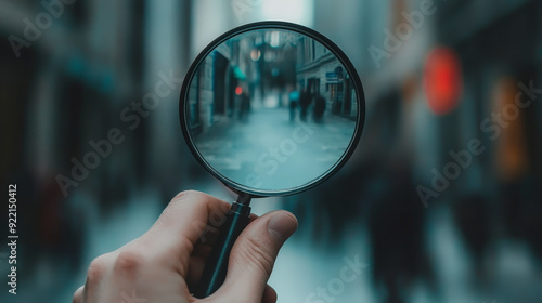 A hand holding a magnifying glass, focusing on a blurry street scene with people walking, making the center more clear and detailed.