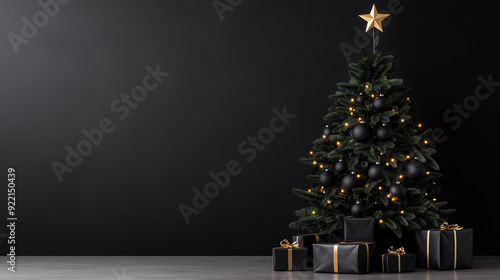 Elegant black and gold Christmas tree with matching ornaments and wrapped gifts, creating a luxurious and sophisticated holiday setting on a dark background.