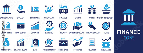 Finance icon set collection. banking, currency, horizontal, agreement, containing loan, cash, saving, financial goal, profit, budget, mutual fund, earning money and revenue icon