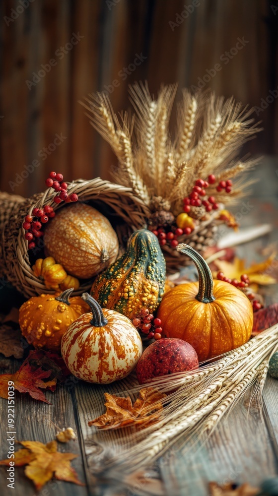 A cornucopia spills vibrant pumpkins, gourds, and autumn leaves, creating a festive Thanksgiving atmosphere indoors A cornucopia spills vibrant pumpkins, gourds, and autumn leaves, creating a festive Thanksgiving atmosphere indoors