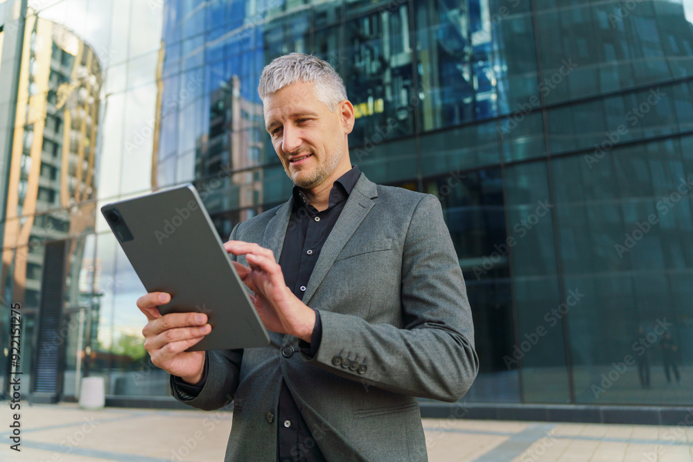 A businessman in a gray suit uses a tablet, focused and confident, standing in a modern urban environment. A businessman in a gray suit uses a tablet, focused and confident, standing in a modern urban environment.