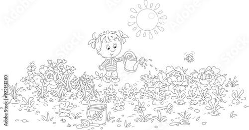 Funny little girl watering green vegetables in her kitchen garden on a sunny summer day, black and white outline vector cartoon illustration for a coloring book
