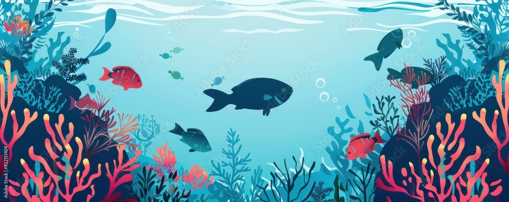 Fototapeta premium Underwater scene with cartoon fish and colorful coral, flat vector design.